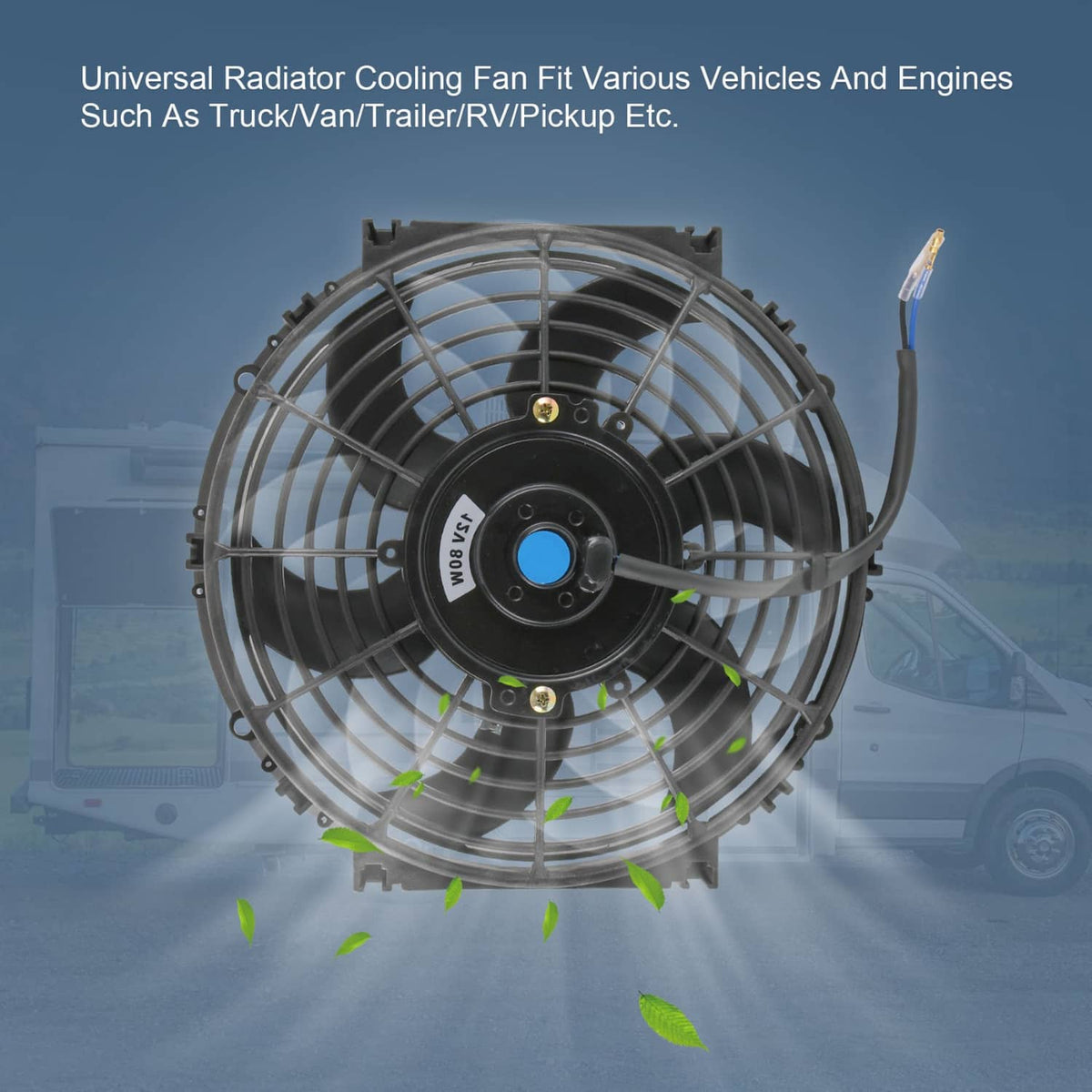 Universal electric radiator cooling fan with black grille shroud and blue center label
