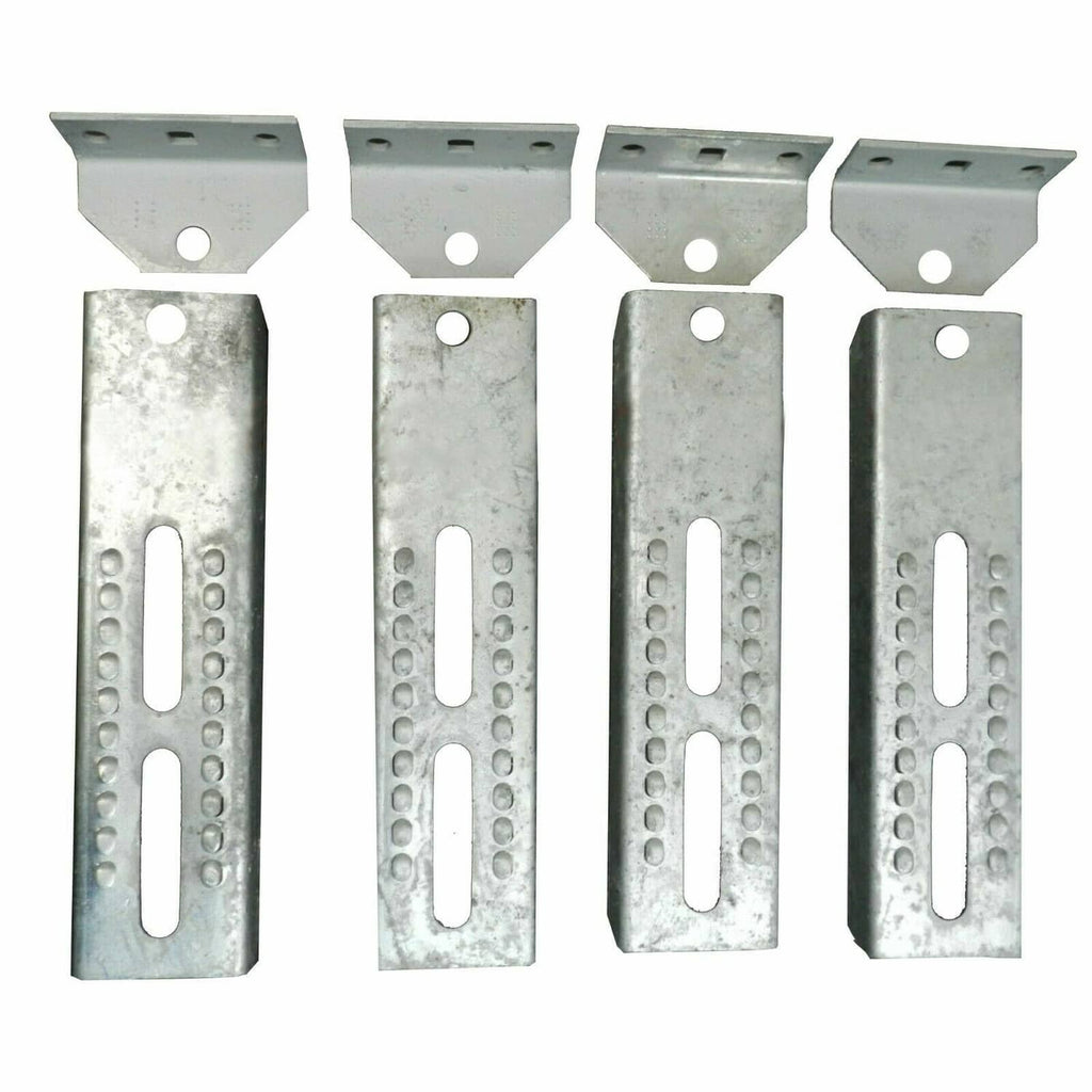 Galvanized vertical bunk board brackets with rounded top, central slot, and bolt holes