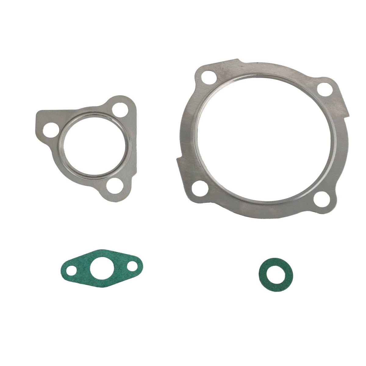 Turbocharger gasket and seal set: large and small circular gaskets with two green seals