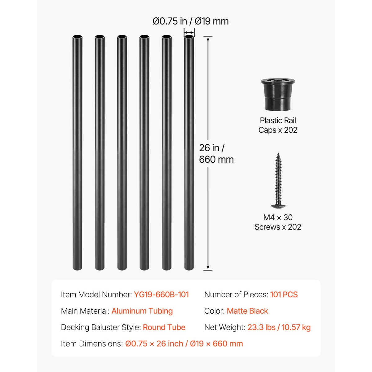 Black matte aluminum balusters: 26 in length, 0.75 in OD, caps and screws
