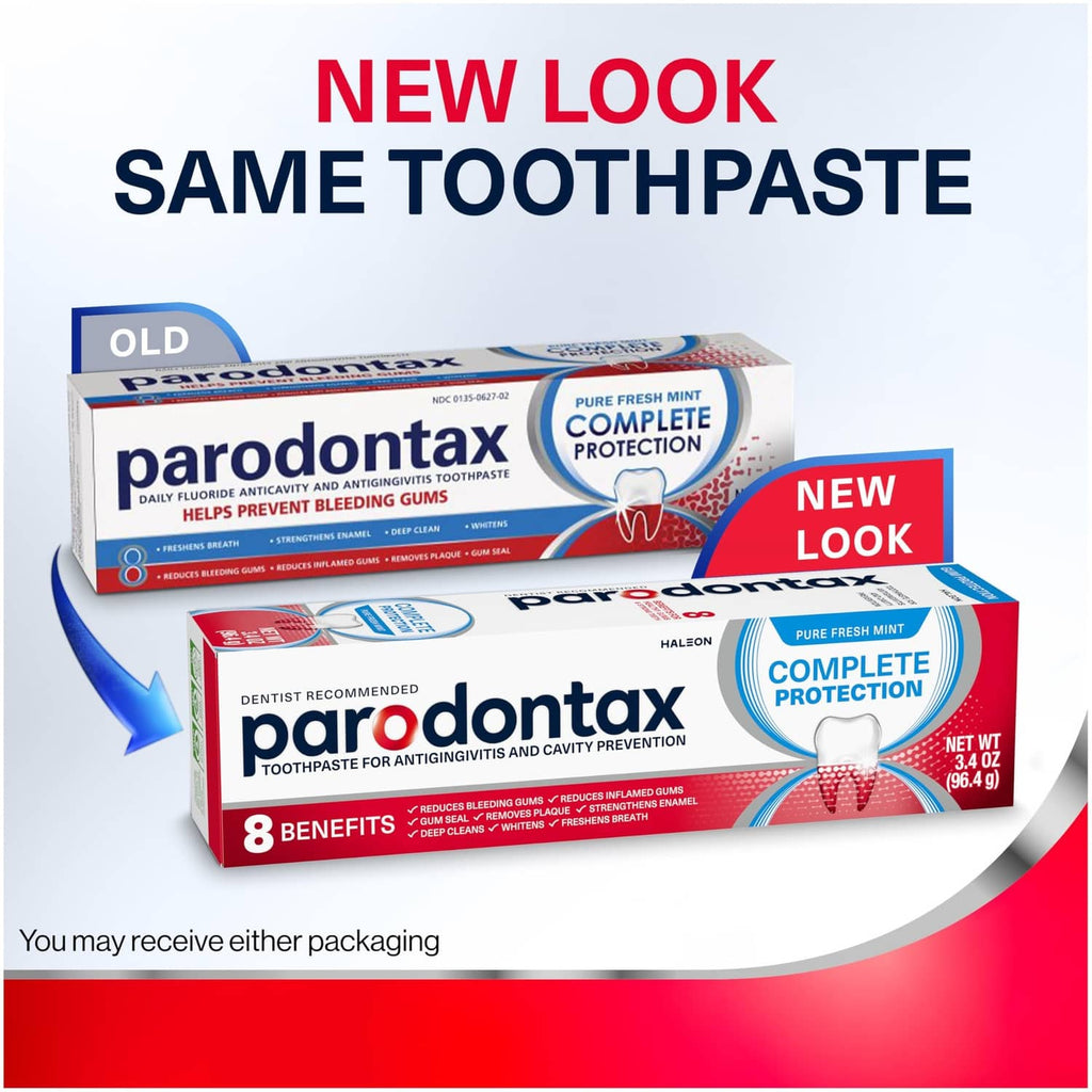 Toothpaste package with “new look” banner showing box and tube side by side