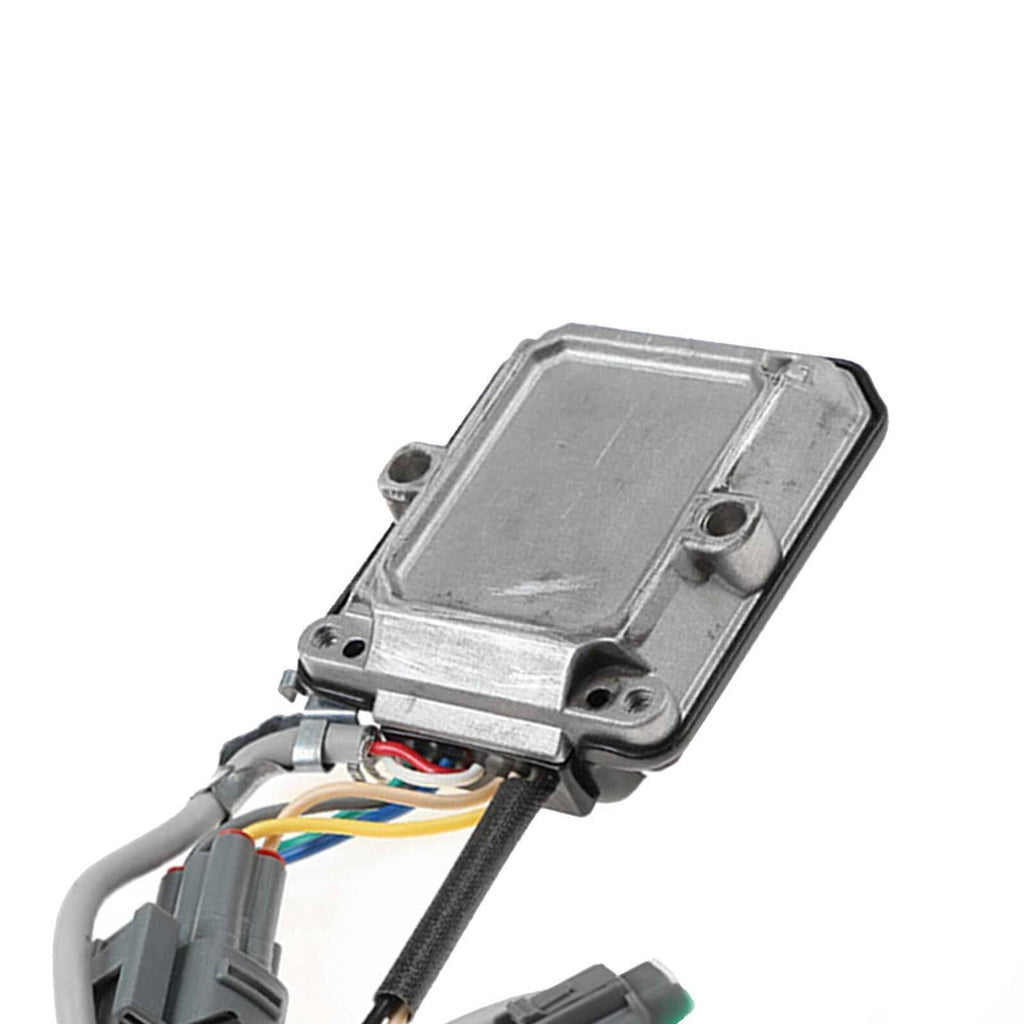 Ignition control module assembly close-up of gray metal housing with wire bundle