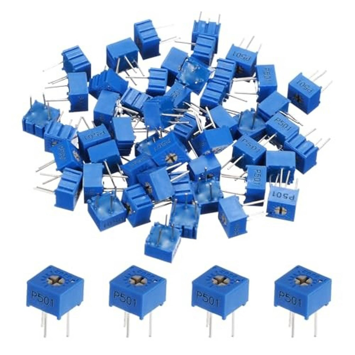 Pile of blue trimmer potentiometers, each with three metal pins and star adjustment top