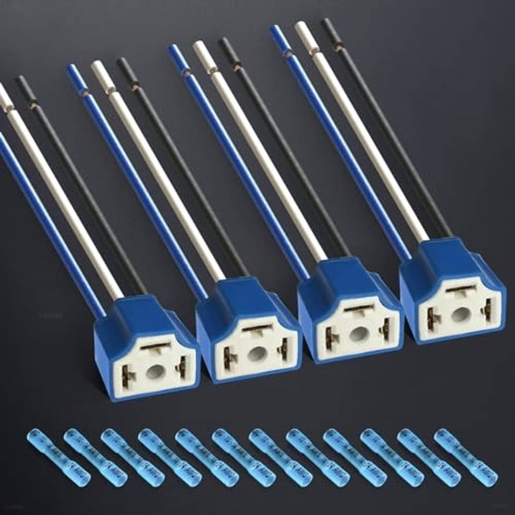 Headlight wiring harness kit with four blue H4 connectors and multiple wire leads