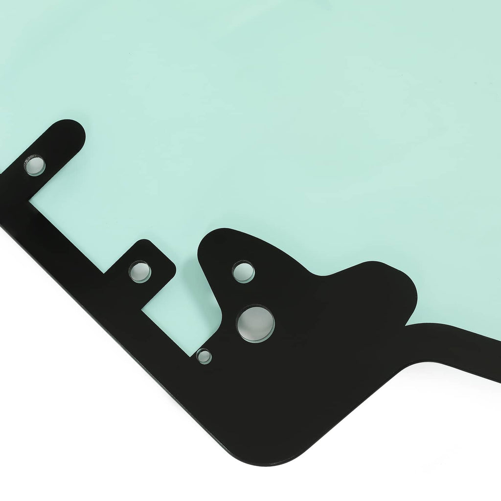 Door glass frame corner and hinge bracket detail with black hardware on light green panel