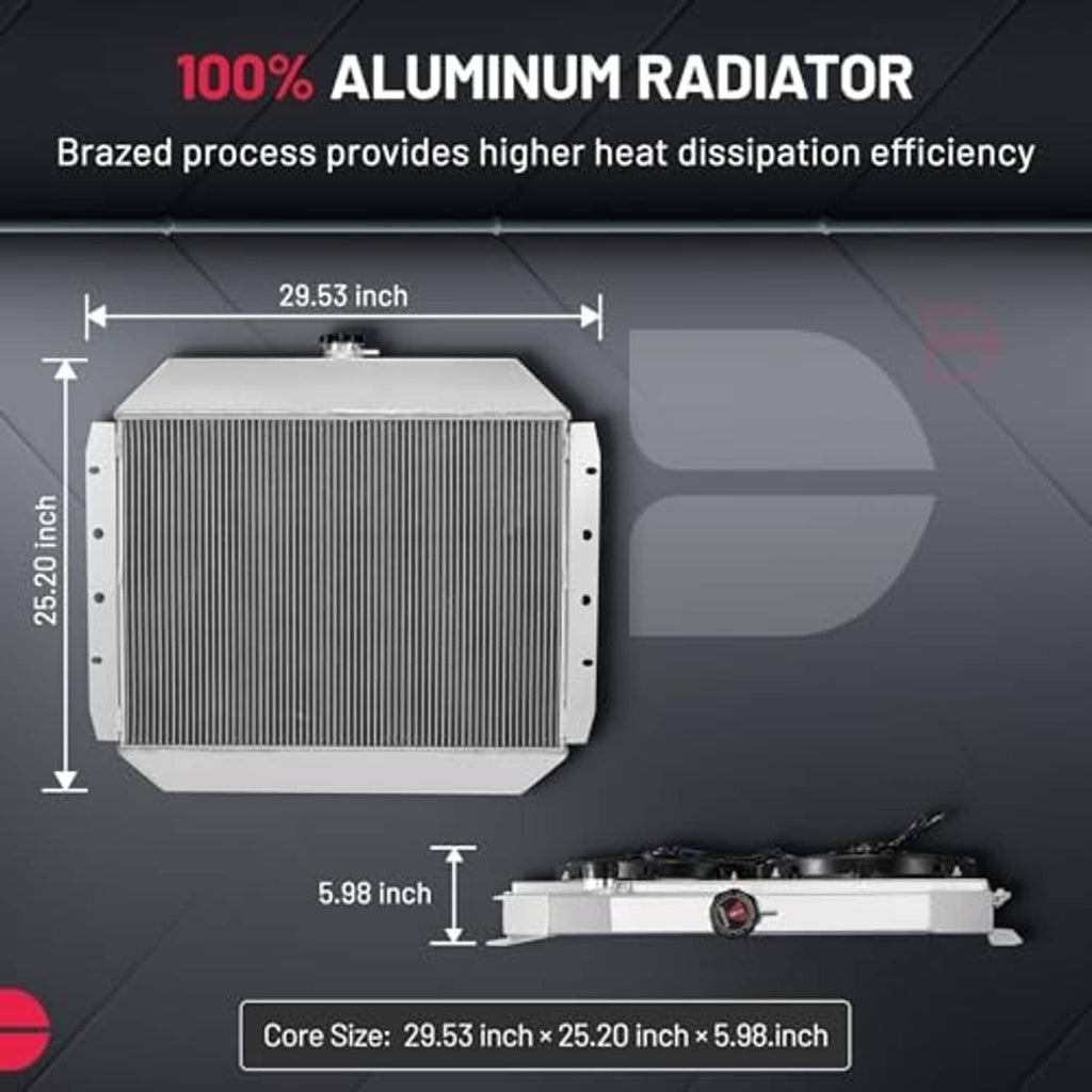 Aluminum radiator with front grille fins and top inlet outlet for mounting