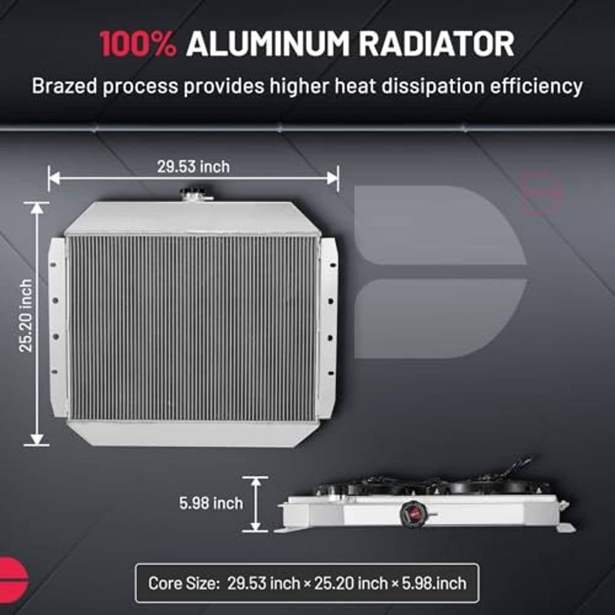 Aluminum radiator with front grille fins and top inlet outlet for mounting
