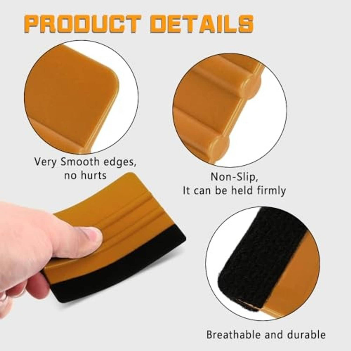 Vinyl squeegee details: textured orange grip and black felt edge for clean, firm use