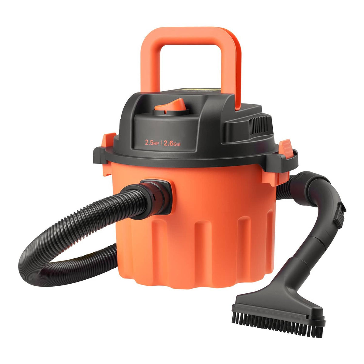 Orange shop vacuum with side handles, dual hoses, and carpet floor brush