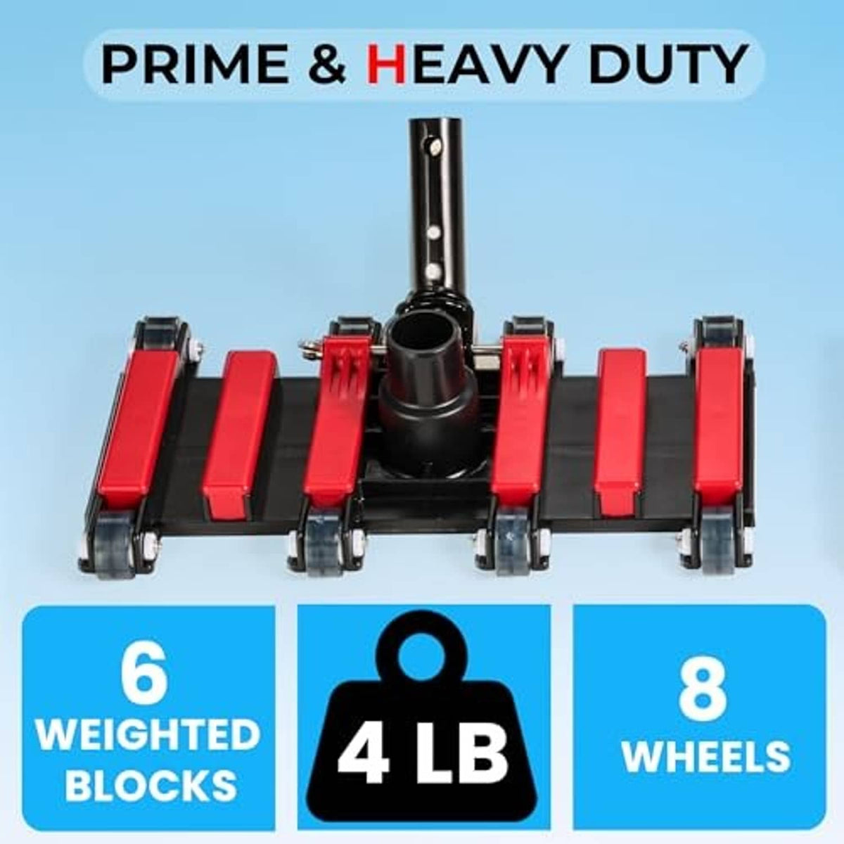 Commercial pool vacuum head with red brush bars and heavy-duty black wheel base