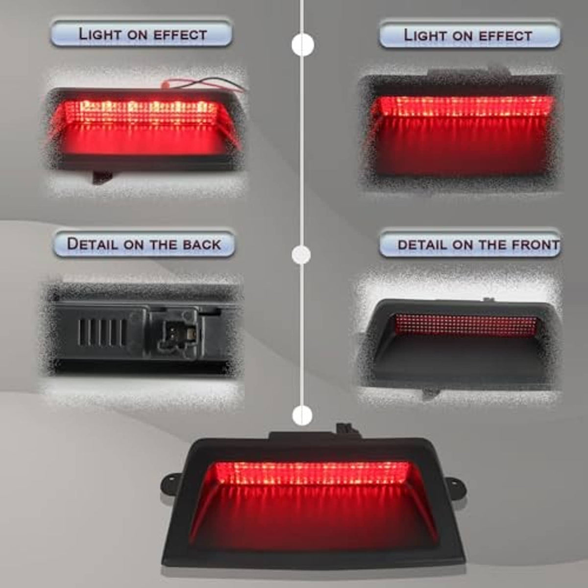 Black LED third brake light showing glowing red light bar and rear wiring area