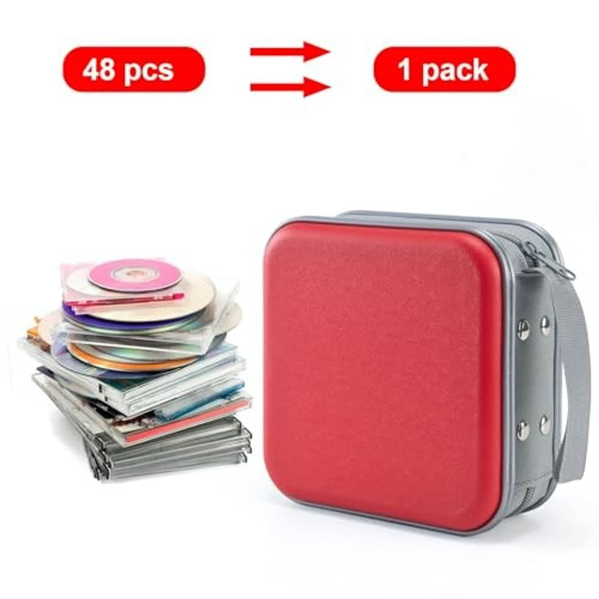 Red hard plastic DVD case with gray zipper and shoulder strap; CDs shown nearby