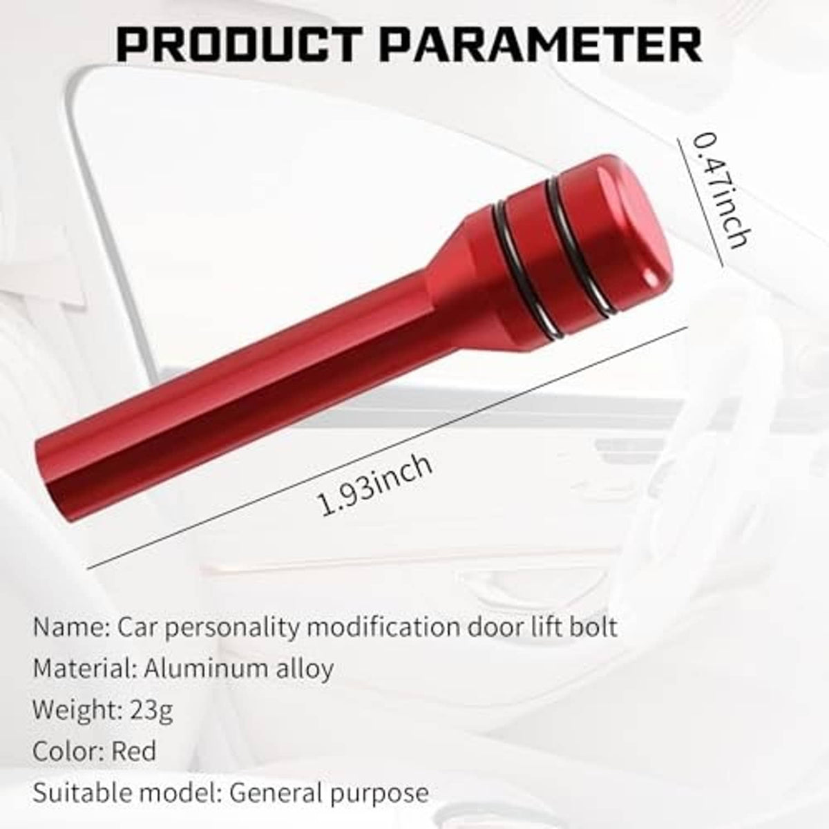 Red car door lock pull pin with black ring collars and cylindrical handle