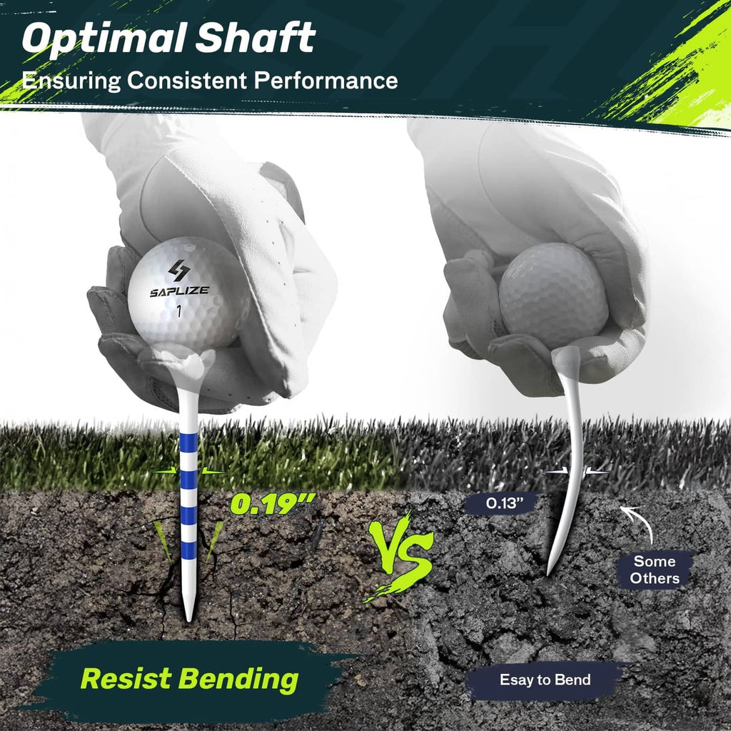 SAPLIZE golf tees inserted in turf; white heads with blue shafts