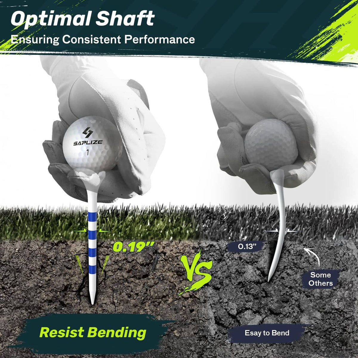 SAPLIZE golf tees inserted in turf; white heads with blue shafts