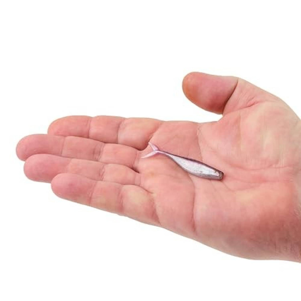 Purple smelt soft minnow fishing lure held in hand