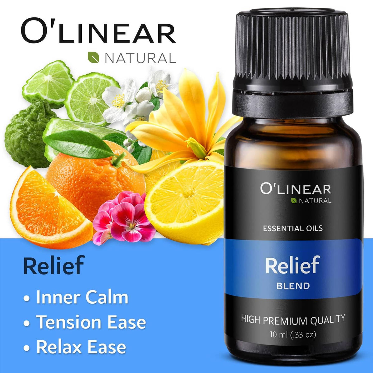 Essential oil blend bottle with ribbed black cap; dark amber glass; blue Relief label