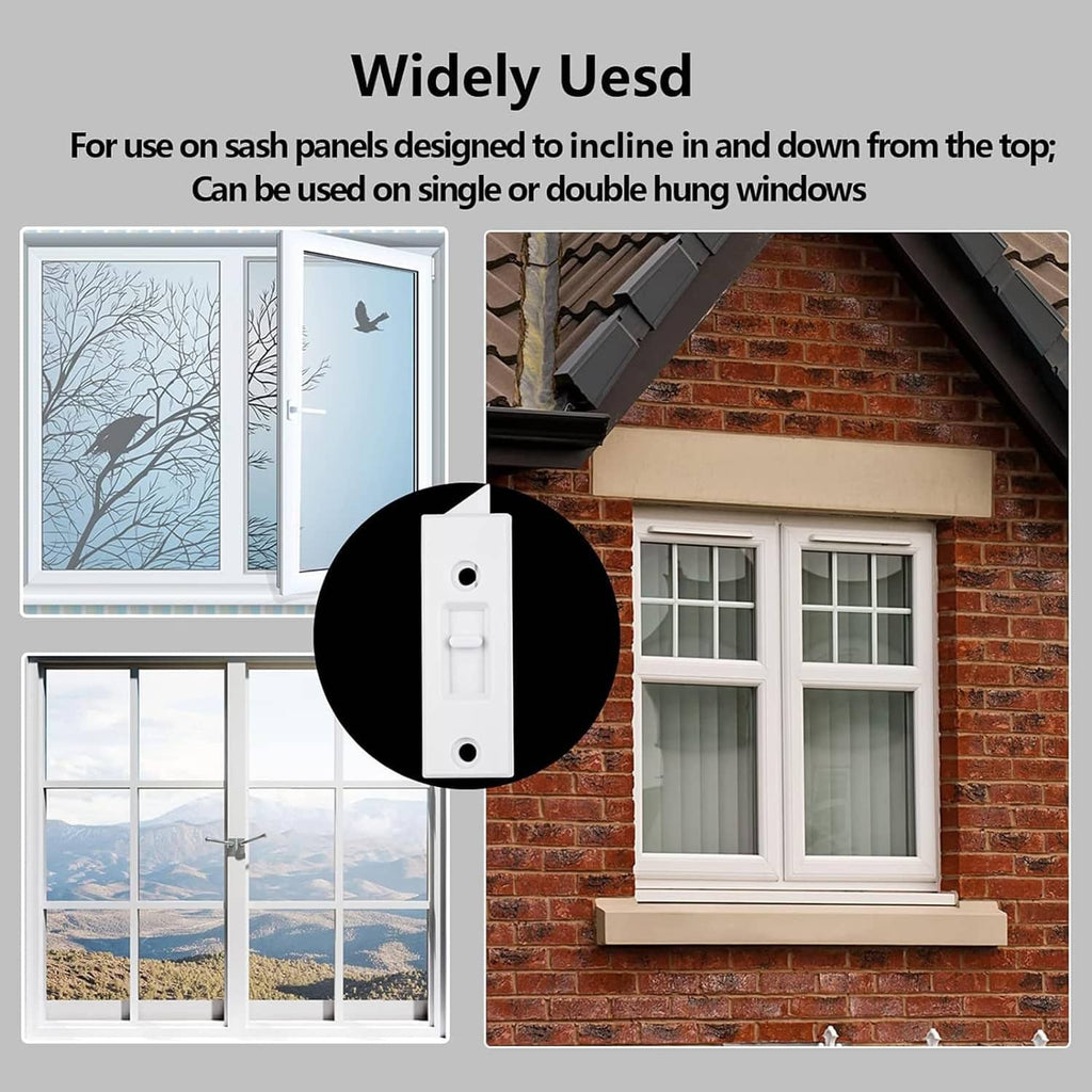 White plastic window tilt latch lock shown on a sash window