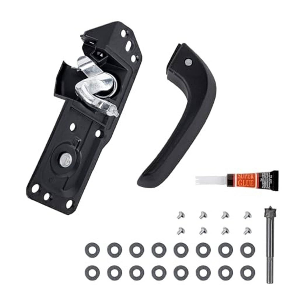 Black inside door handle kit with mounting bracket, handle lever, and included screws