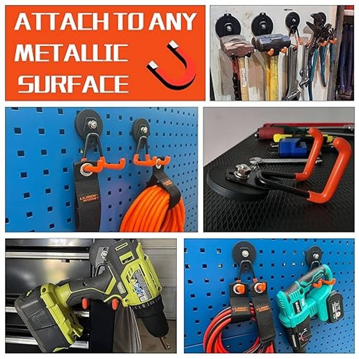 Set of orange-and-black magnetic hooks mounted on a blue pegboard for hanging tools