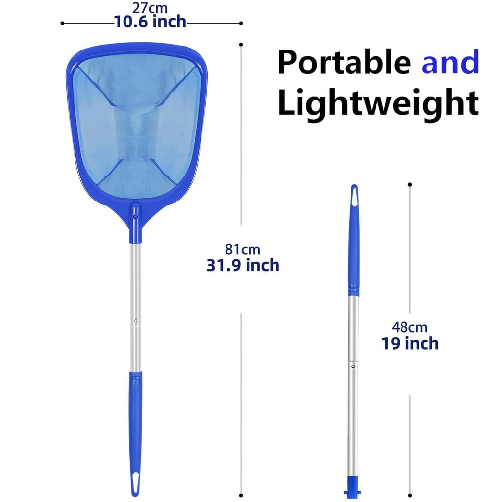 Portable blue mesh skimmer net with long silver pole and loop handle
