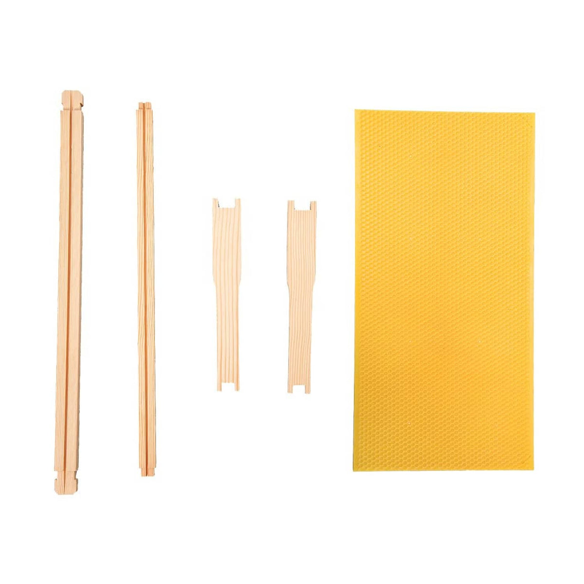Beehive frame kit with wax foundation sheet and side pieces, light wood