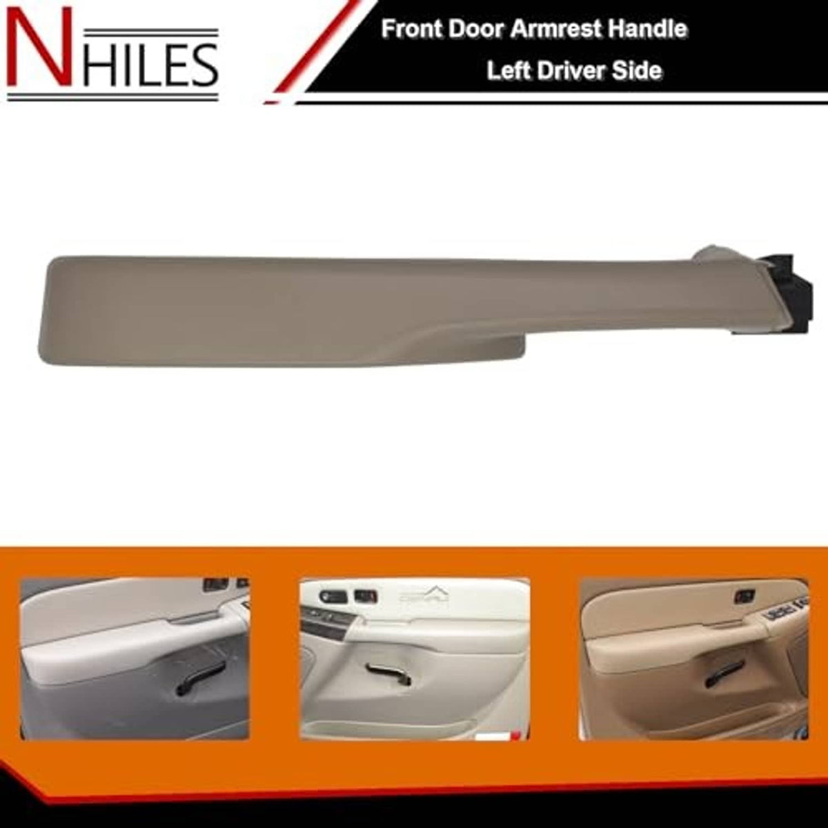 Beige front door armrest handle, smooth top with black mounting end piece
