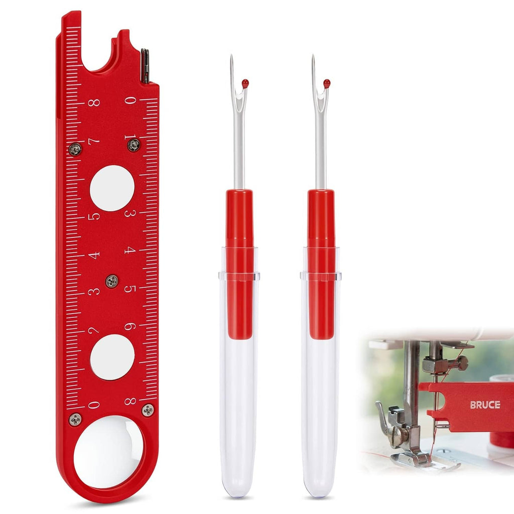 Red sewing machine needle threader set with two threading tools and ruler body