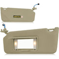 Beige tan left driver-side sun visor with illuminated vanity mirror and flap