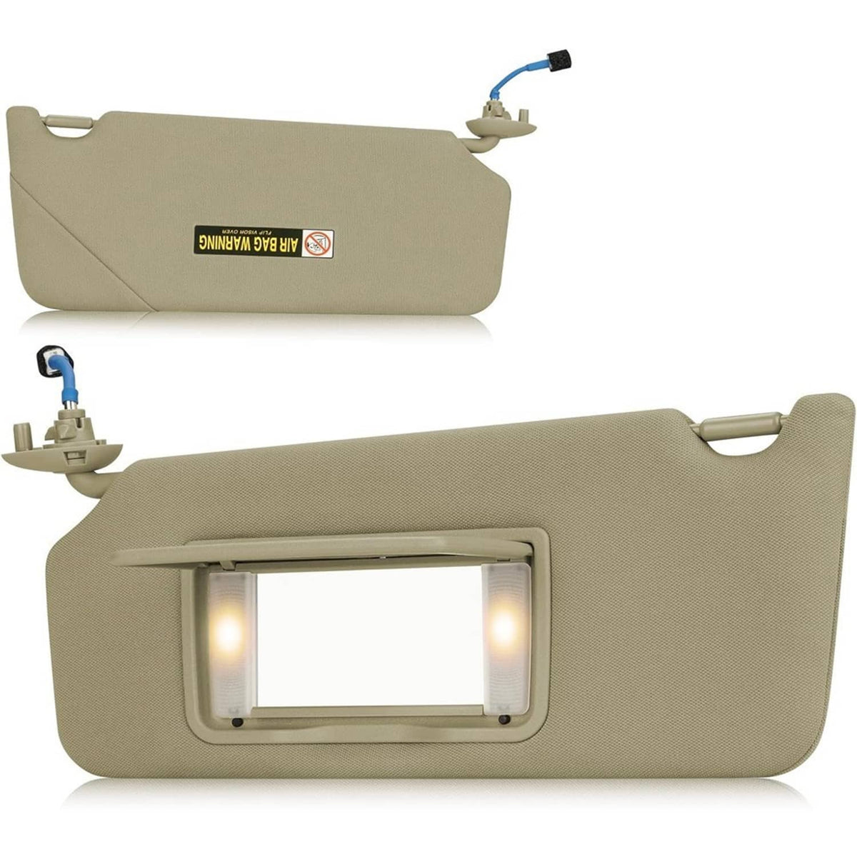 Beige tan left driver-side sun visor with illuminated vanity mirror and flap