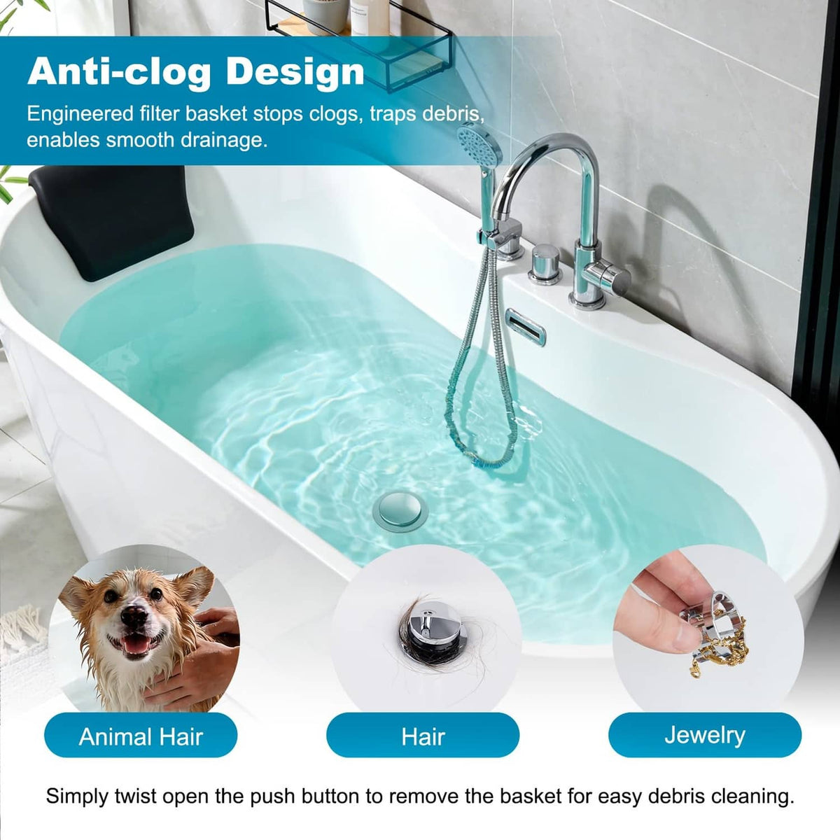 Silver bathtub drain stopper with black push cap on tub, finger pressing button
