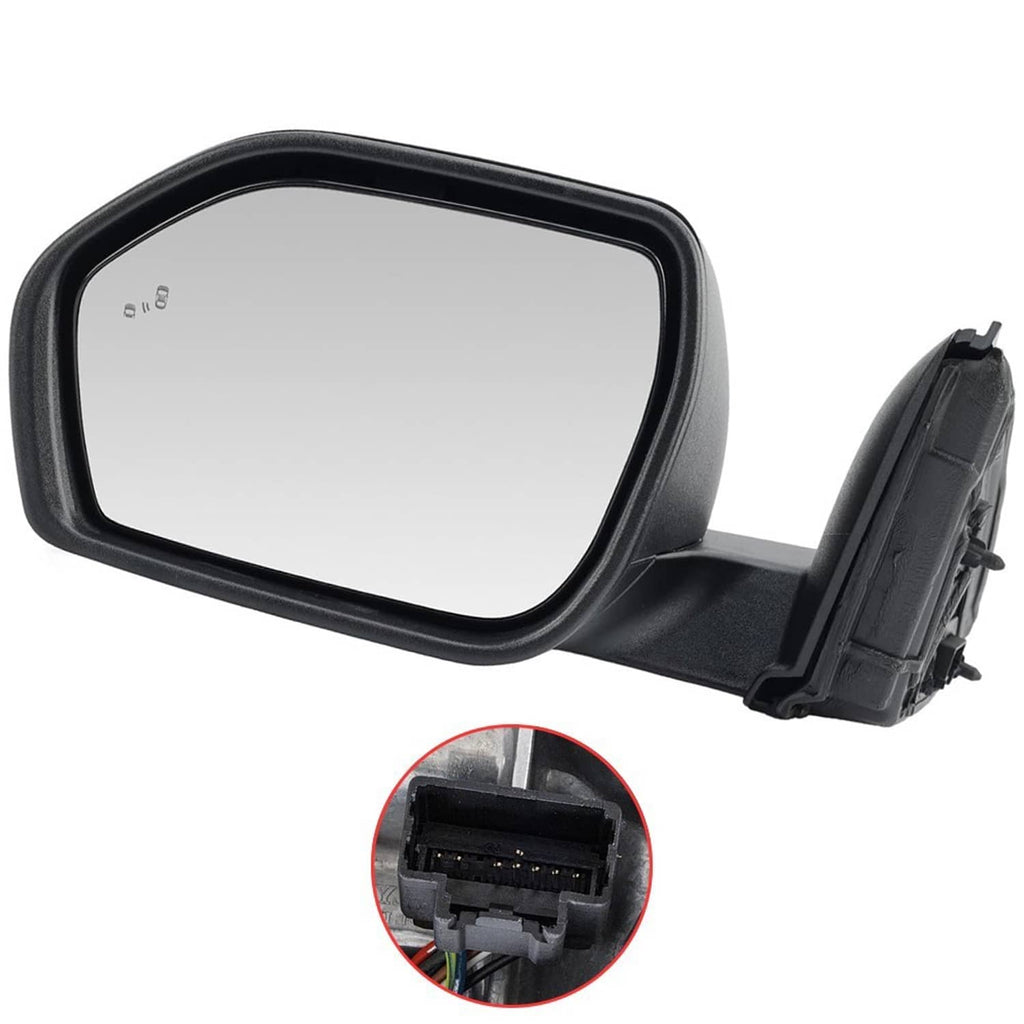 Black power folding mirror with 8-pin connector detail close-up