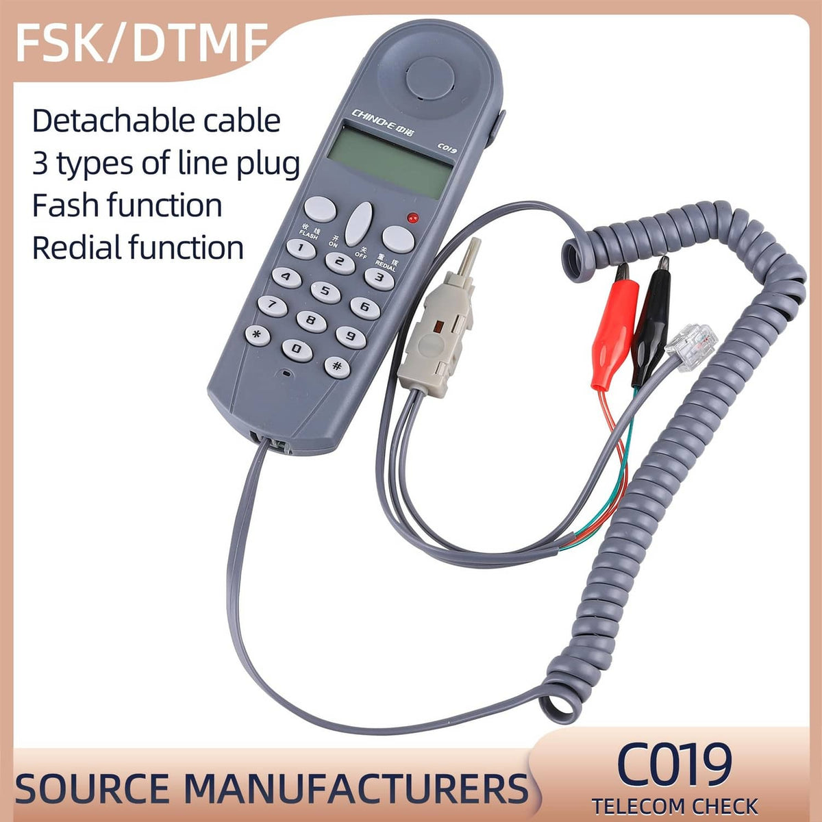 Phone line tester device with detachable test leads and coiled cable