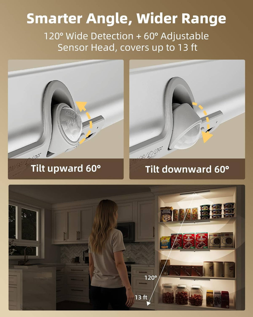 Adjustable motion sensor LED closet light bar with tilting detection head