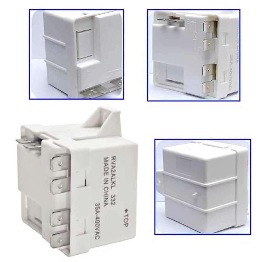 Well pump relay control box in multiple views, showing white housing and side terminals.