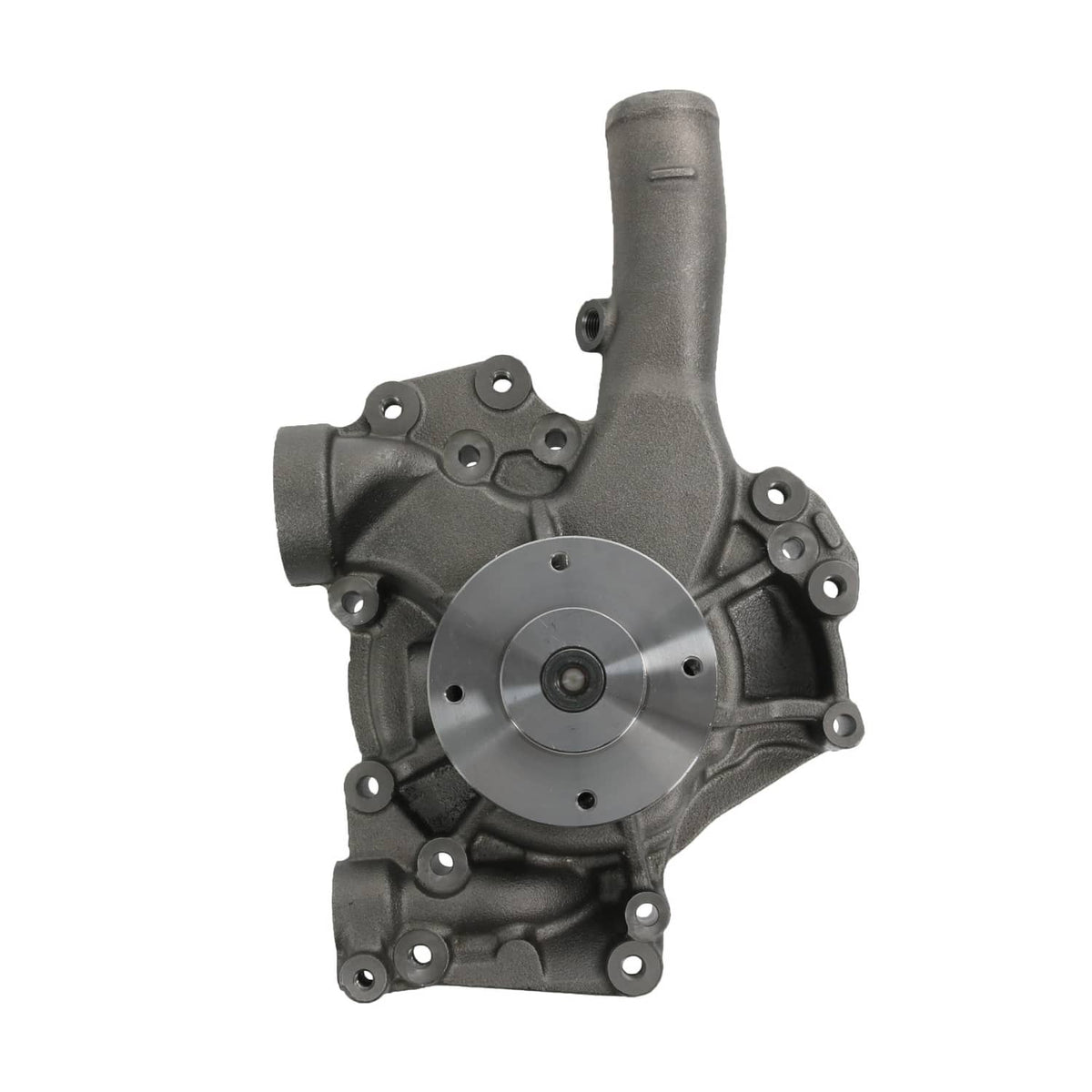 Engine water pump with inlet/outlet ports, dark gray housing and silver impeller