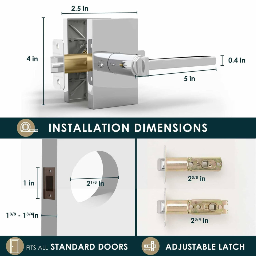 Polished chrome door lever lock handle with installation dimensions