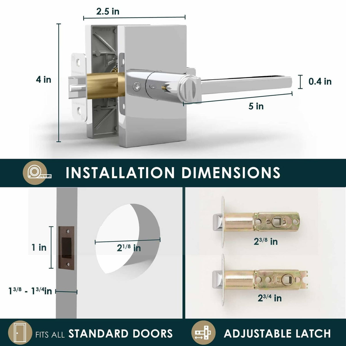 Polished chrome door lever lock handle with installation dimensions
