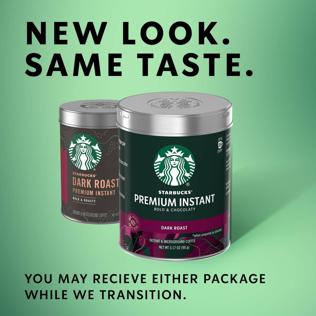 Starbucks Premium Instant Coffee dark roast: two metal cans with silver lids and label.