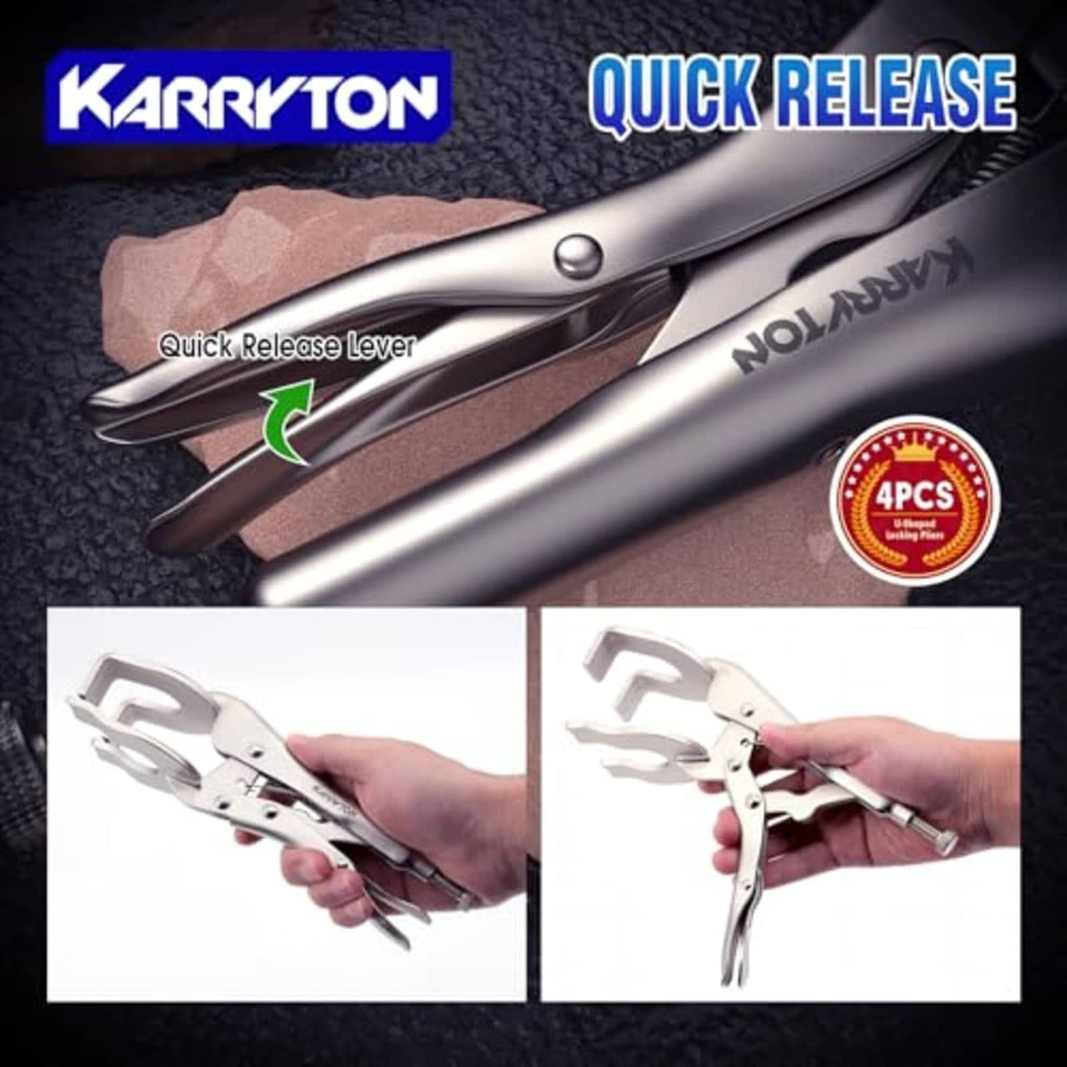KARRYTON U-shaped locking pliers with quick-release lever, silver metal jaws, 4 pcs