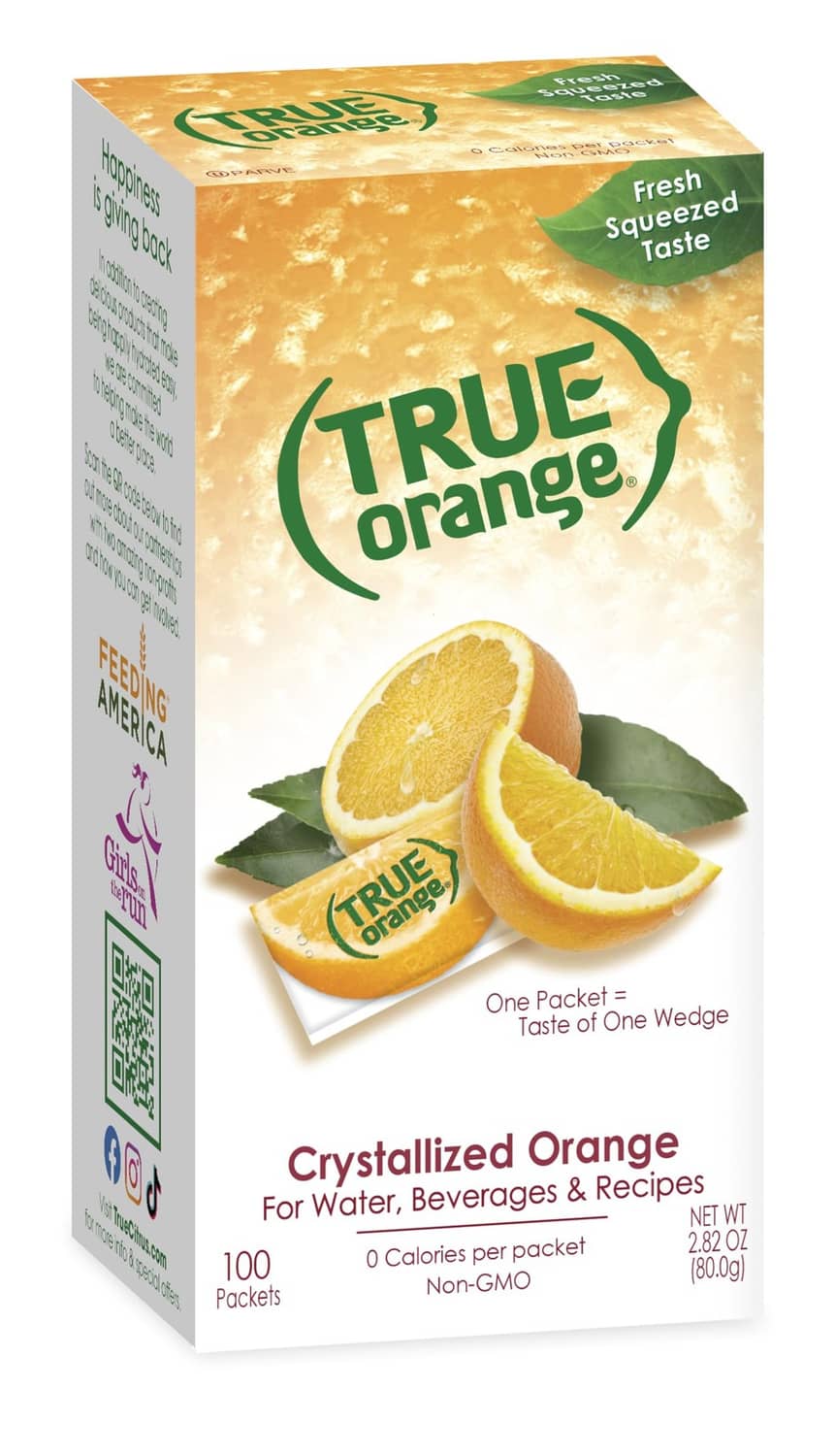 True Orange water enhancer carton with crystallized orange and packet box front