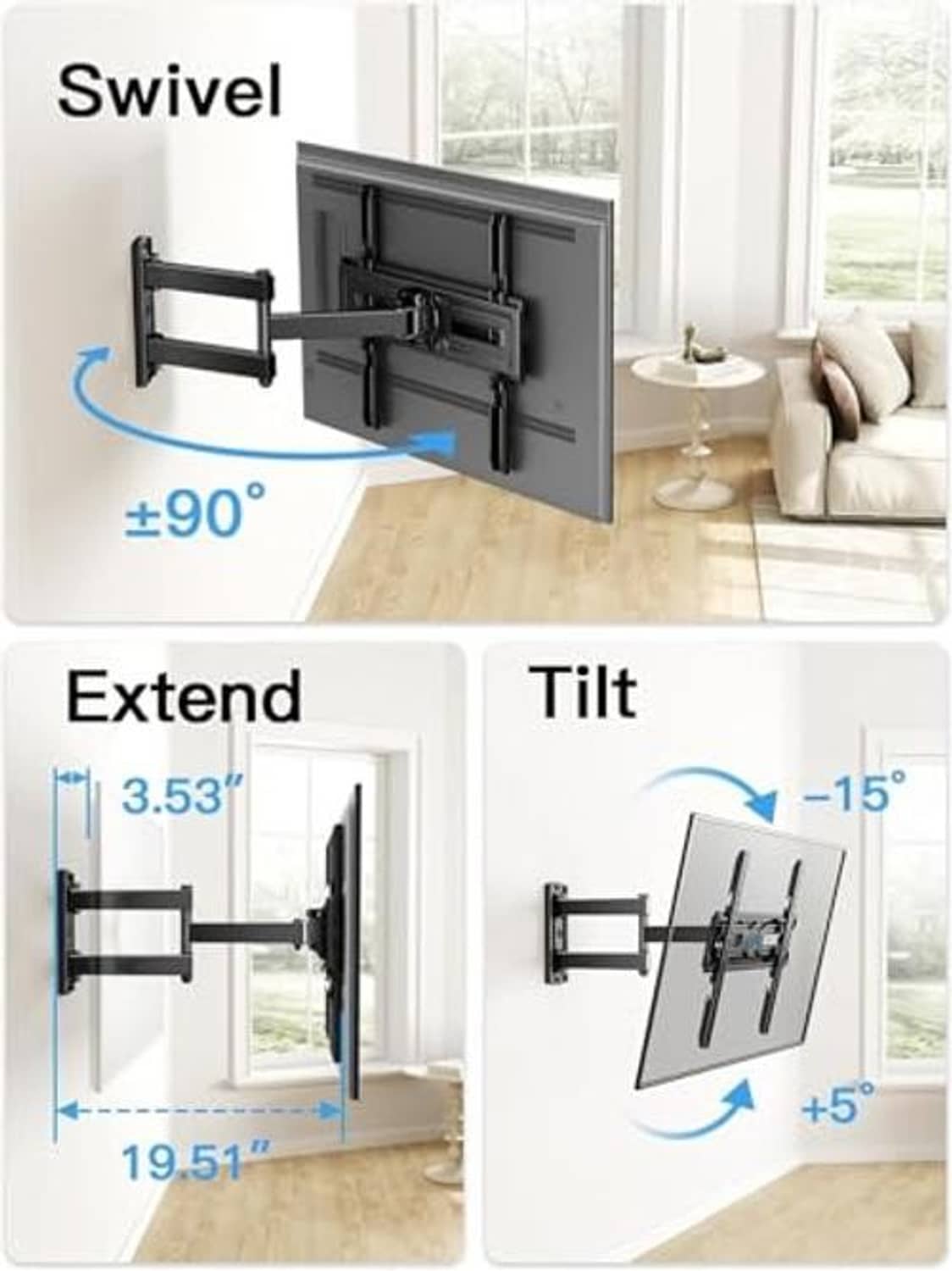 Black full-motion TV wall mount with swivel, extend, and tilt movement