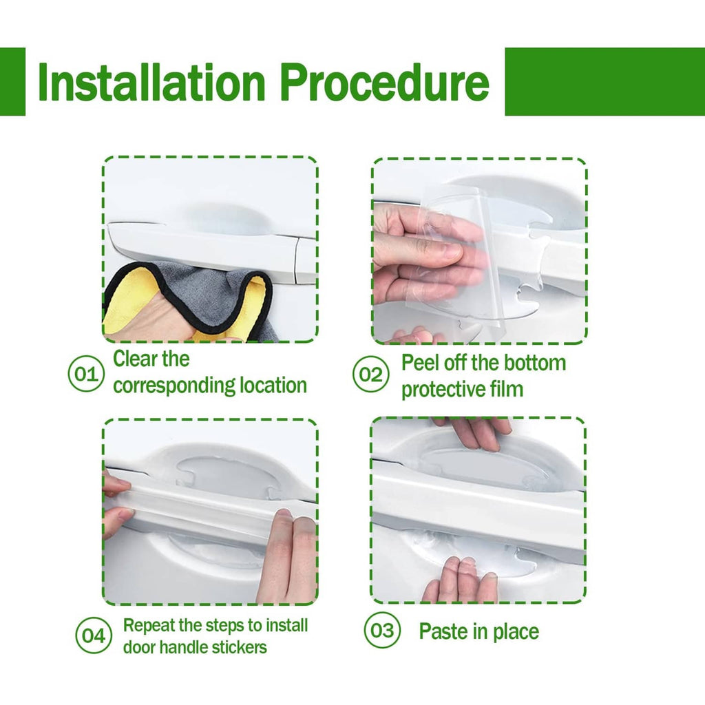 Transparent door handle sticker film installation showing peeling and pressing in place