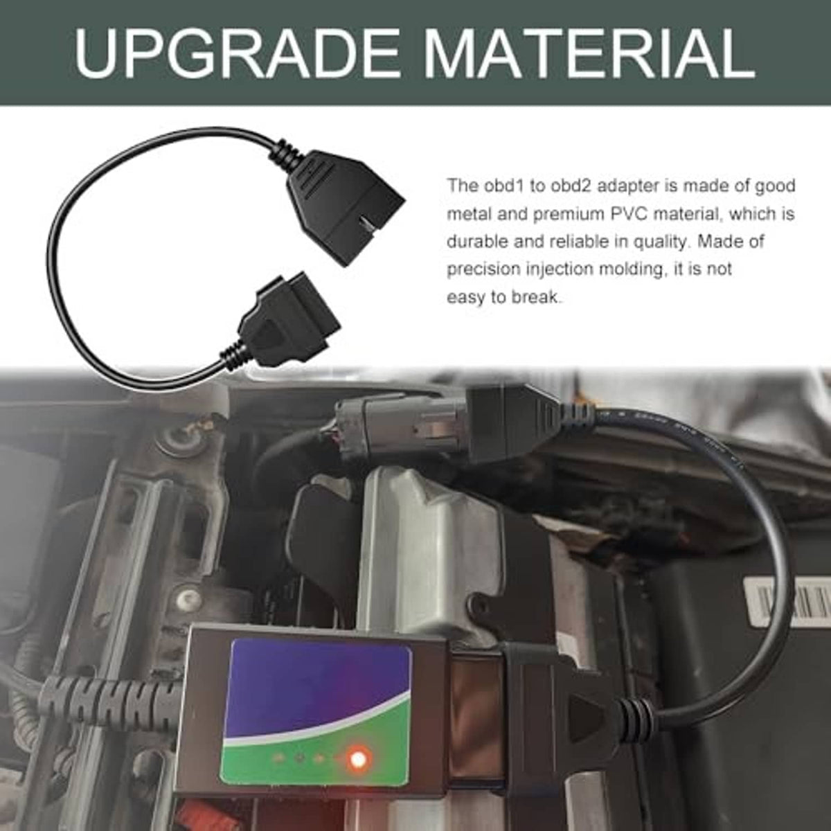 OBD1 to OBD2 adapter cable installed in an engine bay with black connectors