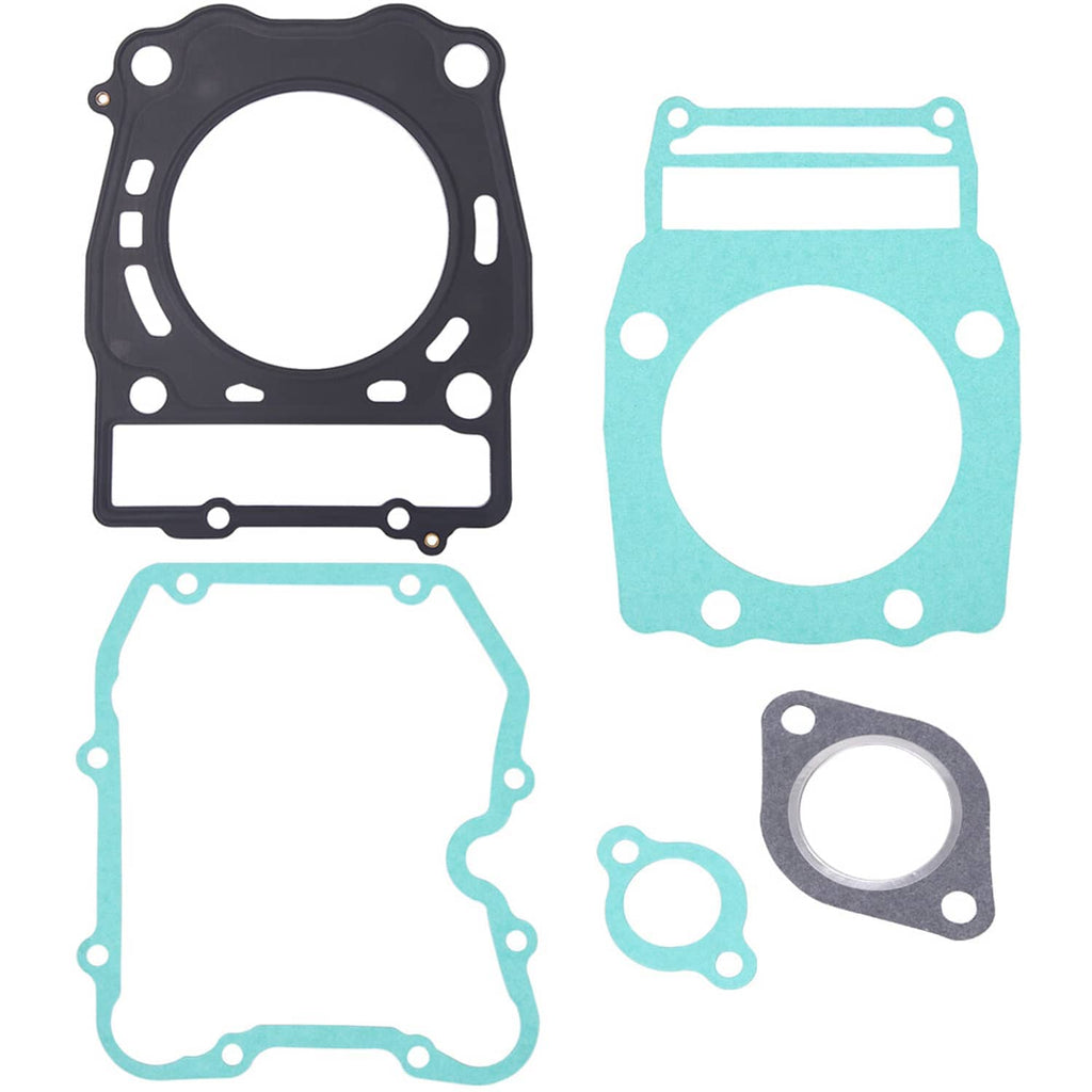 Engine gasket set with black and turquoise gaskets and a small gray gasket