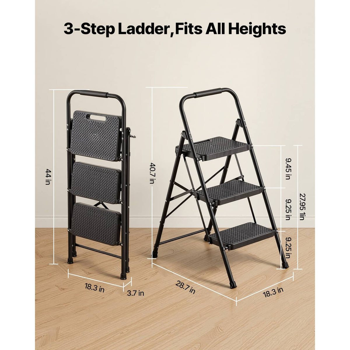 3-step ladder in folded and upright views, black steel frame with textured steps
