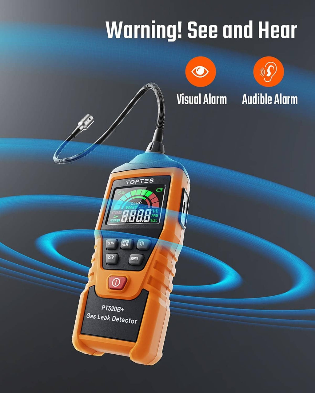 Orange gas leak detector with visual and audible alarm indicator icons