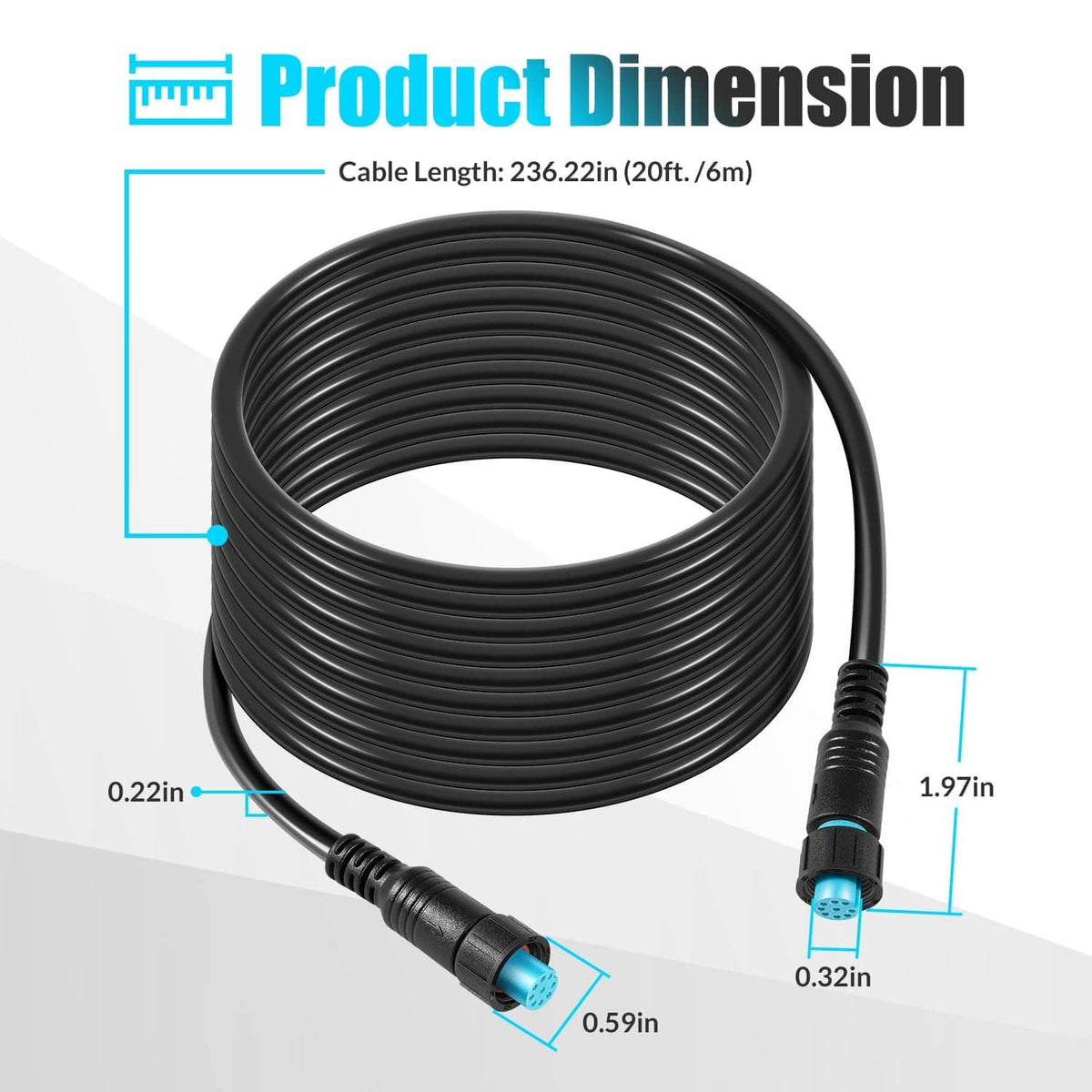 Black coiled marine network cable with small male connectors and blue connector ends