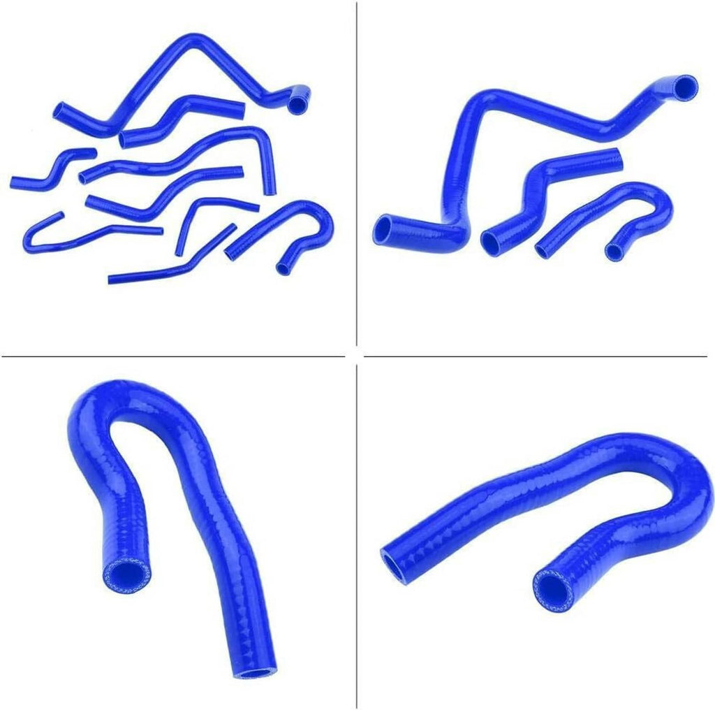 Blue silicone radiator hose kit pieces, assorted bends and connector ends in a set.