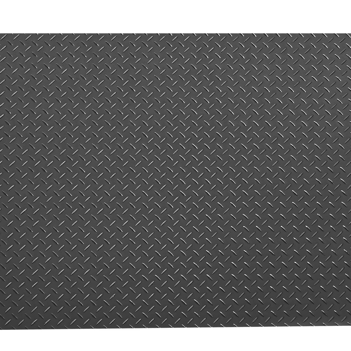 Black diamond-plate PVC garage floor mat surface pattern, close-up